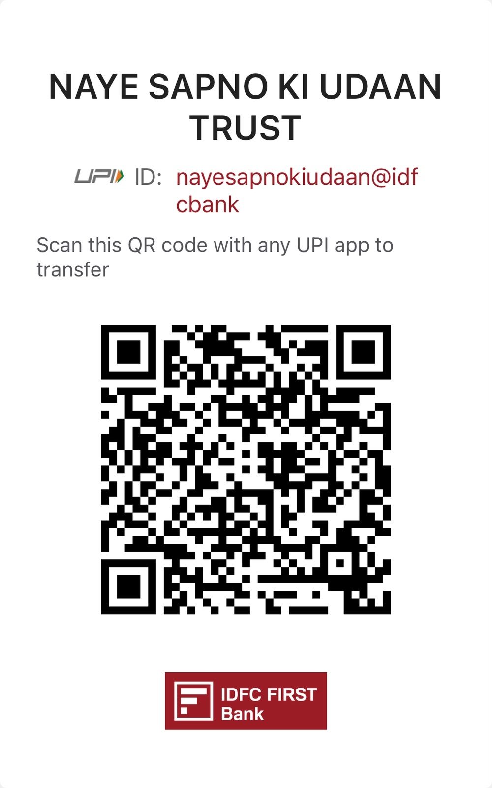 NAYE SAPNO KI UDAAN TRUST UPI QR Code — Scan to donate